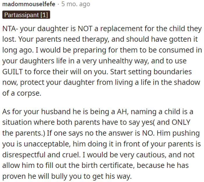 OP needs to set boundaries with her parents to prevent them from becoming overly involved in their granddaughter's life as a substitute for a lost child.