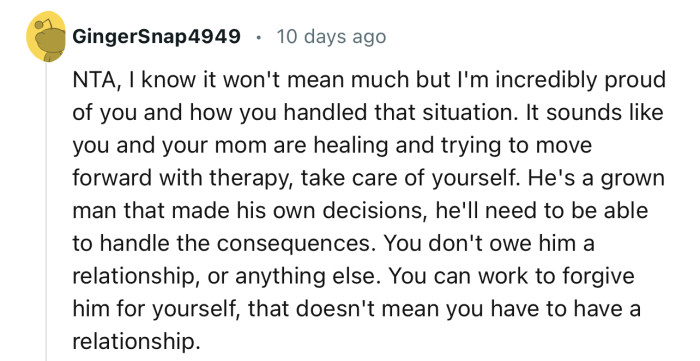 “You can work to forgive him for yourself; that doesn't mean you have to have a relationship.”