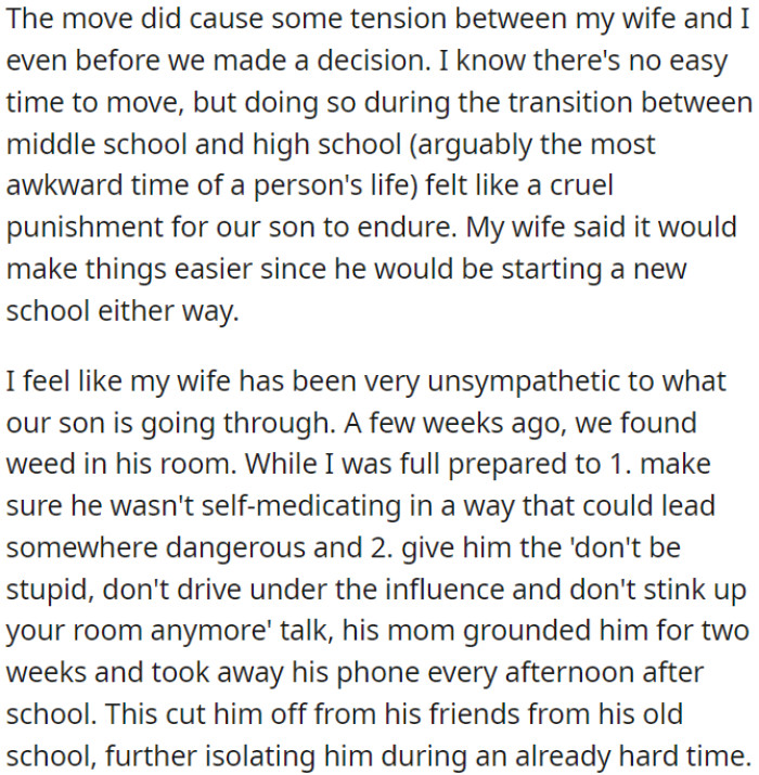 OP believes it's a tough time for his son, and his wife's approach seems unsympathetic