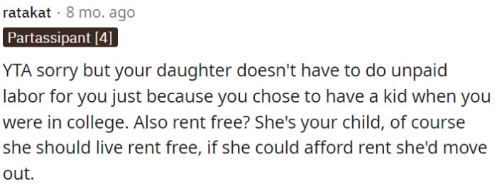 She's OP's child, and living rent-free is reasonable since she likely can't afford rent elsewhere.
