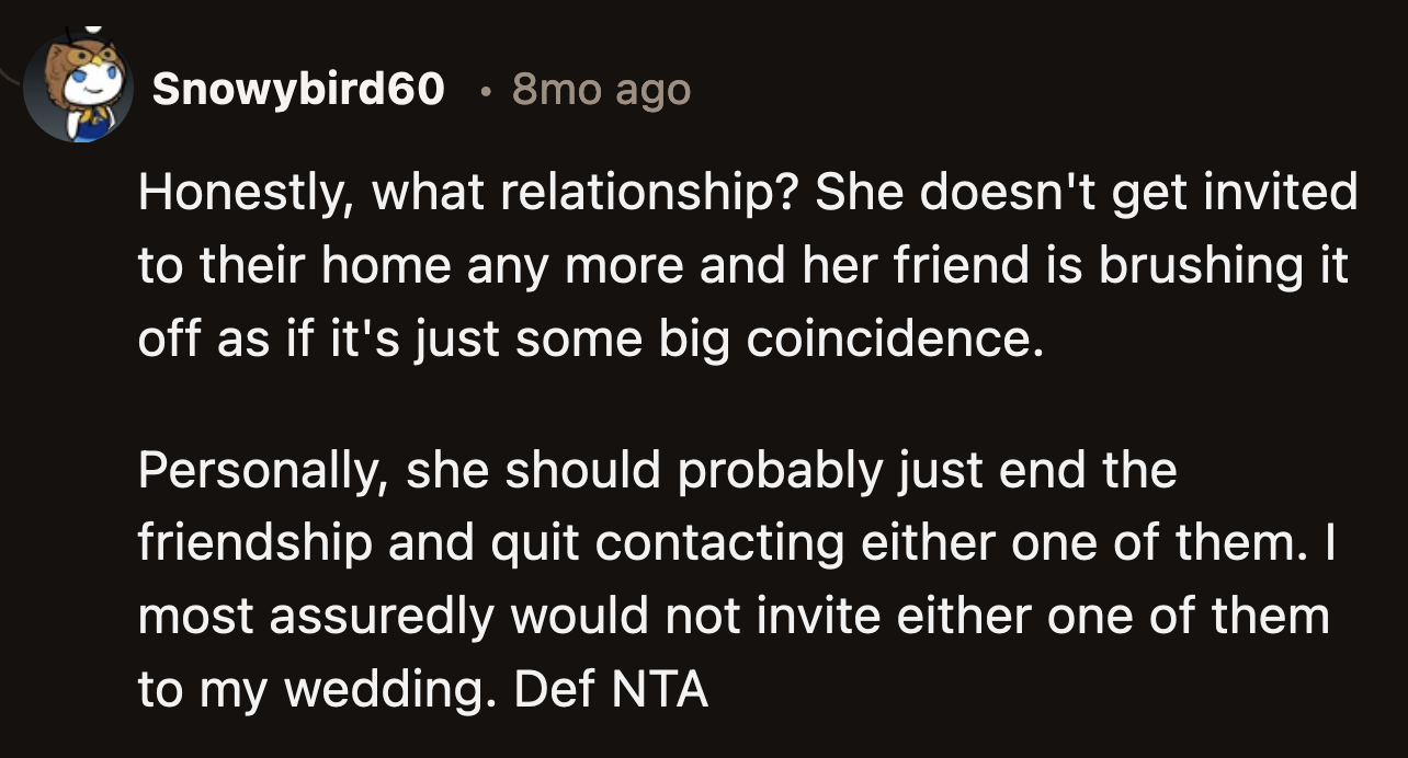At this point, their friendship is non-existent. It was deliberate that OP was not invited to any of their events since she stumbled upon Karl's dating profile.