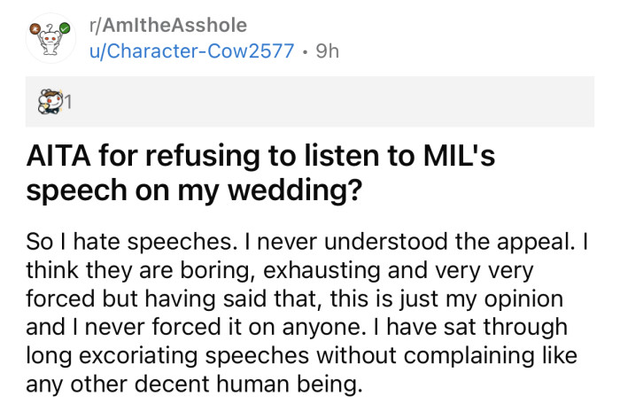 The OP asked if she was the a**hole for not listening to her MIL's speech at her wedding.