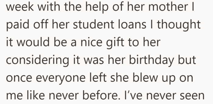 He thought paying off the loans would be the ultimate surprise. It sparked the biggest fight they have ever had.