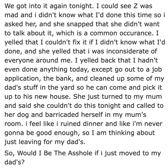 The OP and her mom's partner keep getting into arguments.