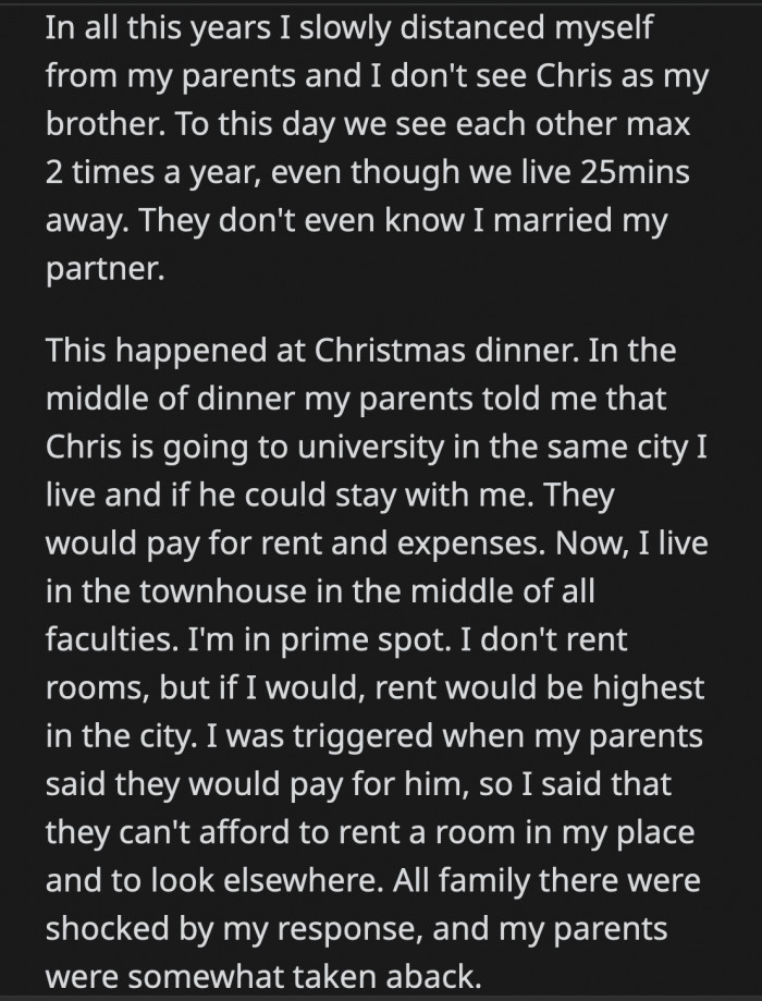 He was at a Christmas family dinner when they brought up their plans for Chris, their adopted son.