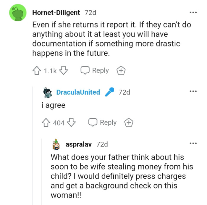 What does OP's dad think about his soon-to-be wife stealing from OP?