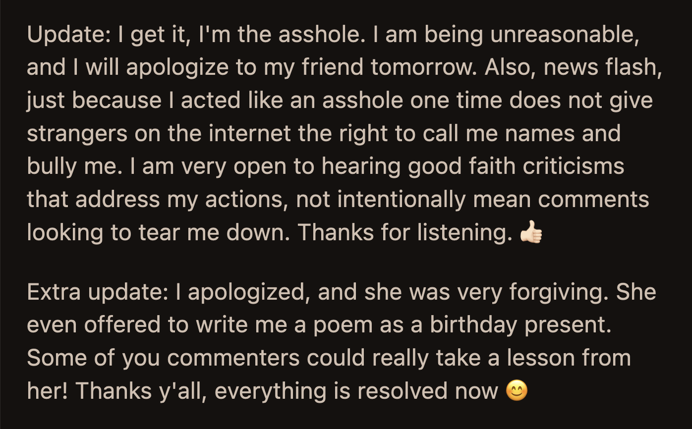 Well, they reconciled. Do you think OP would be so kind as to share the poem Ashley plans to write for her?