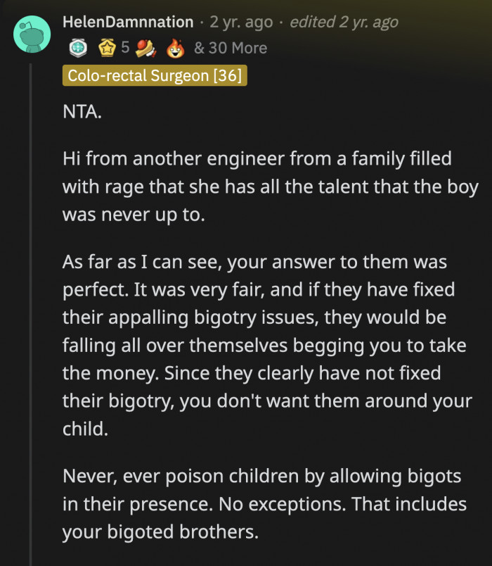A kindred spirit warned OP not to allow any of her future children around her sexist family because, based on how they reacted during the meet, they haven't changed