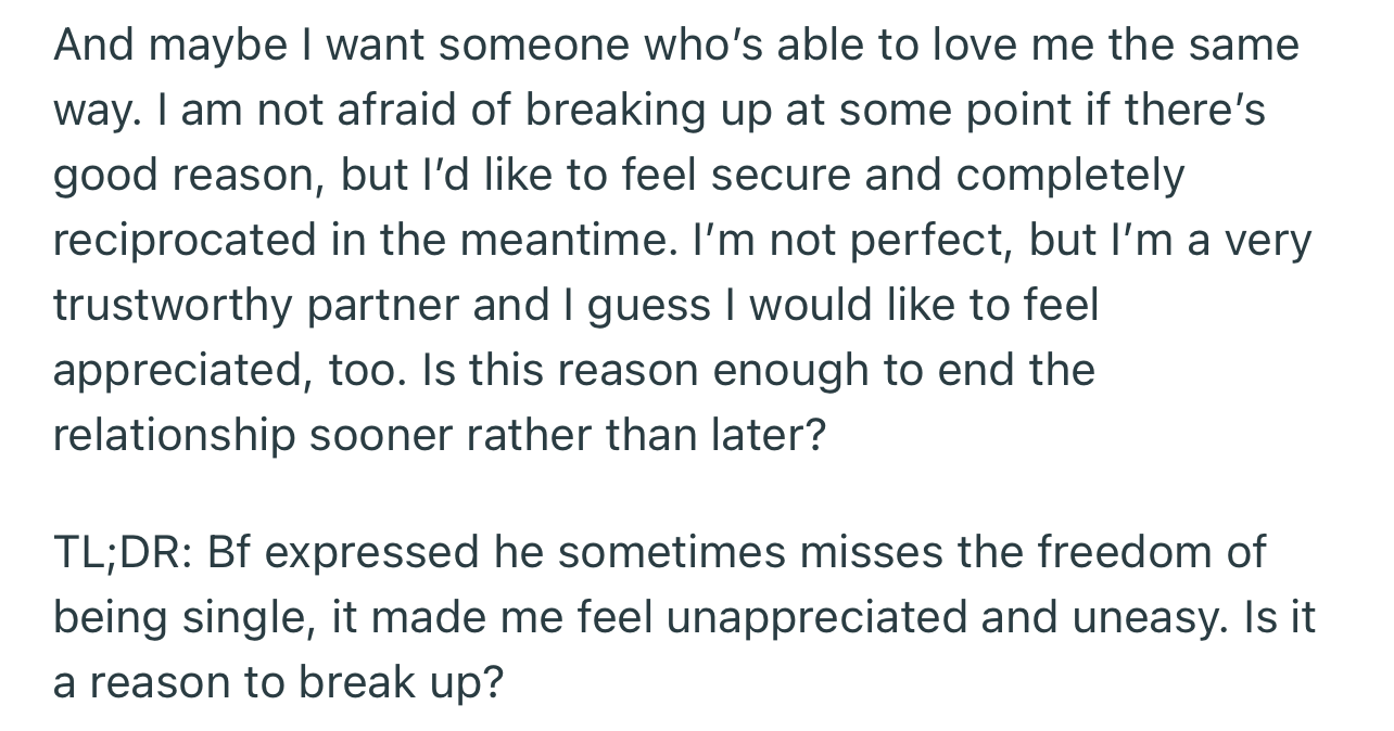 Ever since the revelation, OP has developed doubts about their relationship