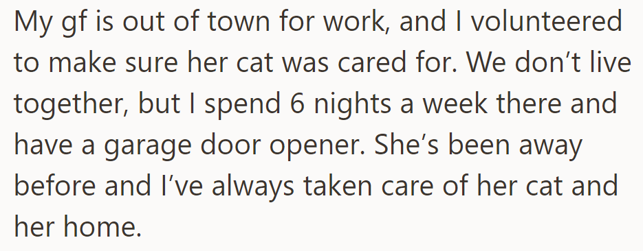 OP's cat-sitting for his girlfriend while she's away for work.