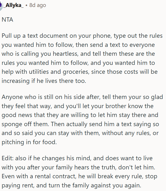 Nta for setting rules and asking for help with costs when her brother wanted to move in.