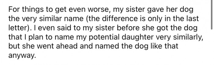 And, to make matters worse, OP's sister gave her dog a very similar name.
