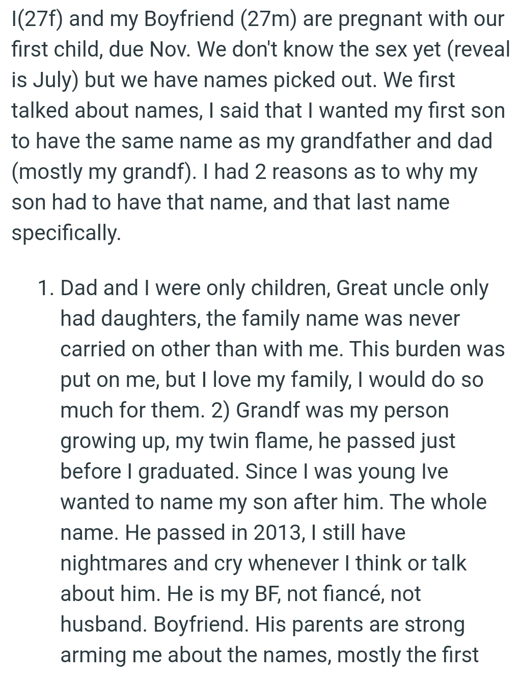 OP said she wanted her first son to have the same name as her grandfather