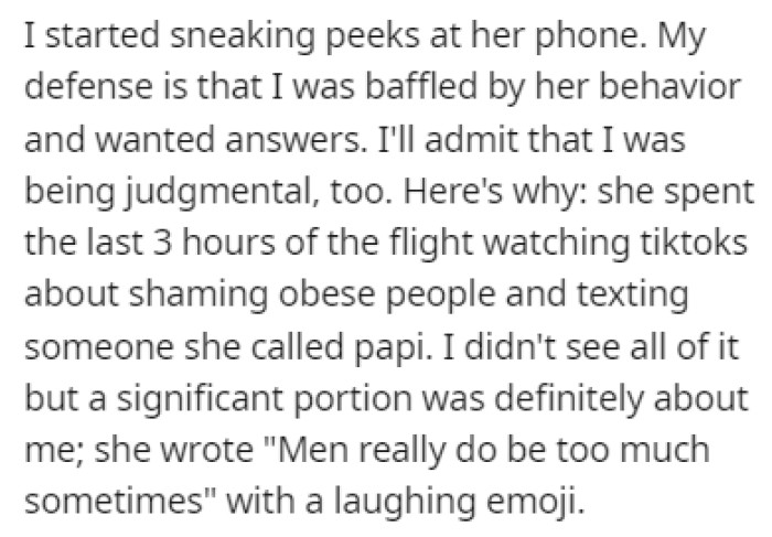 OP started peeking at her phone and found that she was mentioning him in her texts