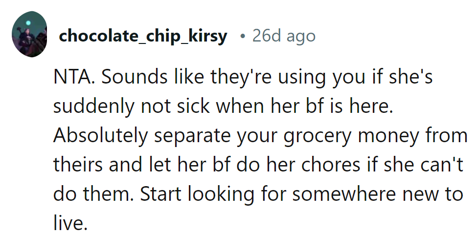 Roommate's boyfriend brings miraculous health? Separate groceries, let him clean.