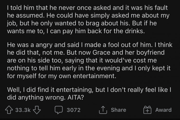 Nick never bothered to ask OP about her job and assumed she was a waitress like her friend.