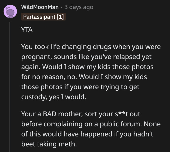 No one else is to blame for how her life turned out. Addiction is a disease, but the way OP is minimizing her addiction's impact on her loved ones is disgusting.