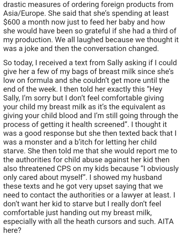 OP received a text from her neighbor asking if she could give her a few bags of breast milk