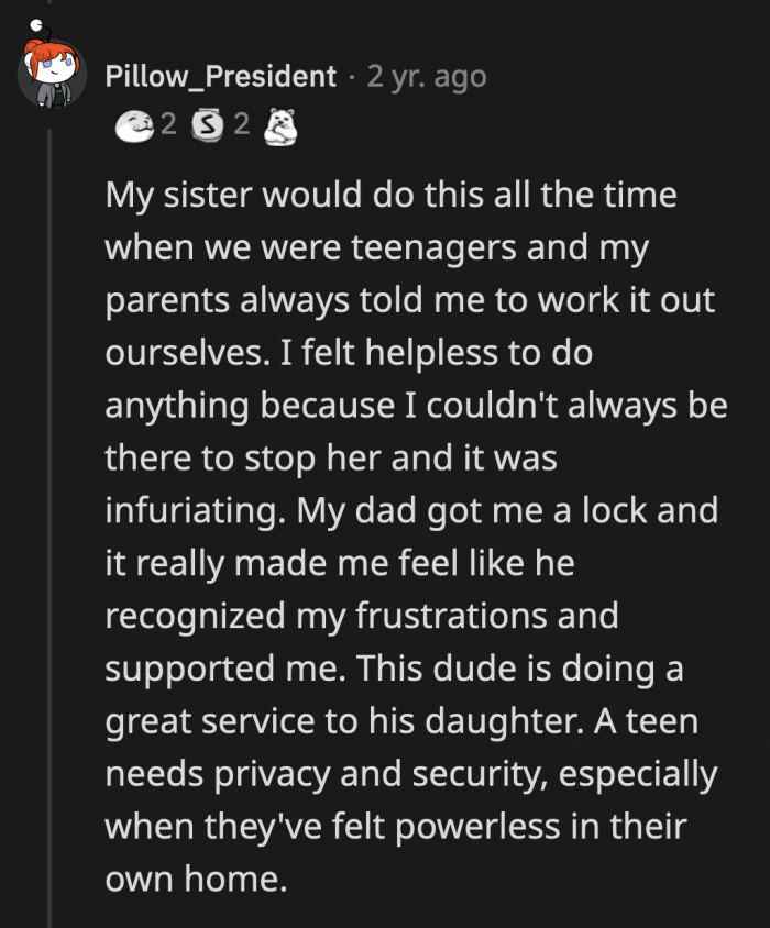 OP's simple act of putting a lock on Zoey's door will make her feel safe and heard by at least one parent after her mom so shamelessly set her aside.