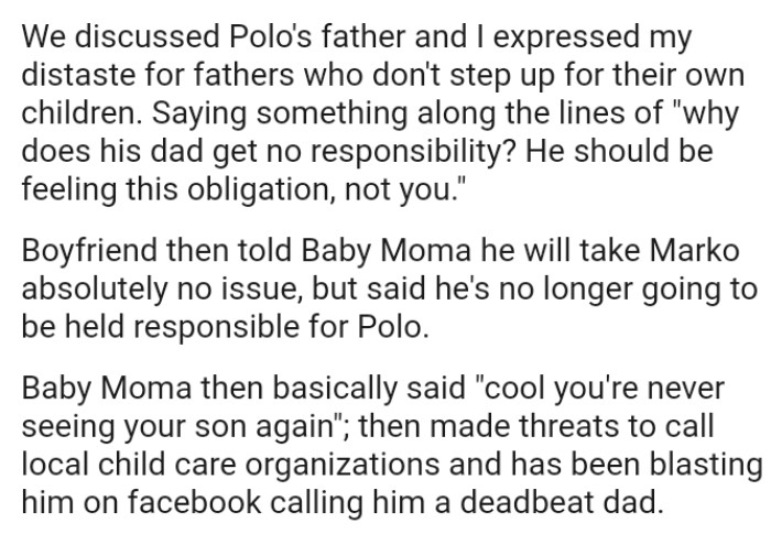 Boyfriend says he's no longer going to be held responsible for the other kid