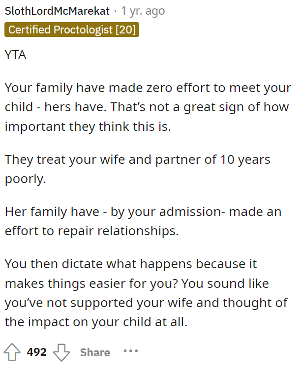 It's unfortunately definitely on OP and his family, so he should apologize to his wife.