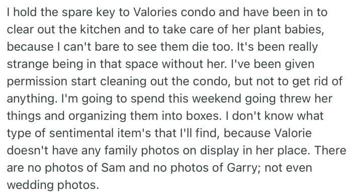 OP got permission to start cleaning out Valerie’s condo