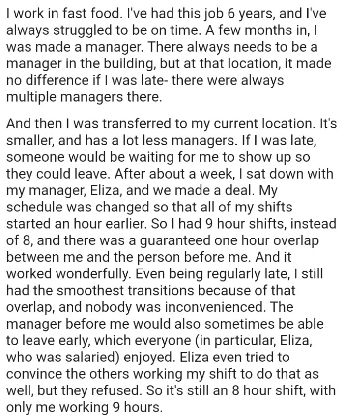 If the OP was late, someone would be waiting for her to show up so they could leave