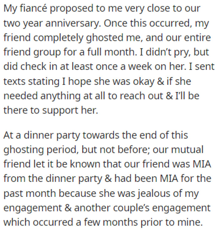 After OP's fiancé proposed to her, the friend ghosted her and the entire friend group