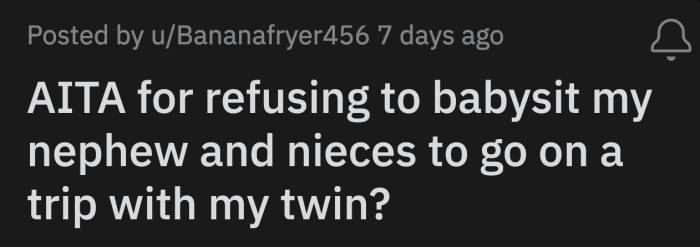 They were having dinner when Lilith mentioned her bright idea for OP to babysit all of the kids