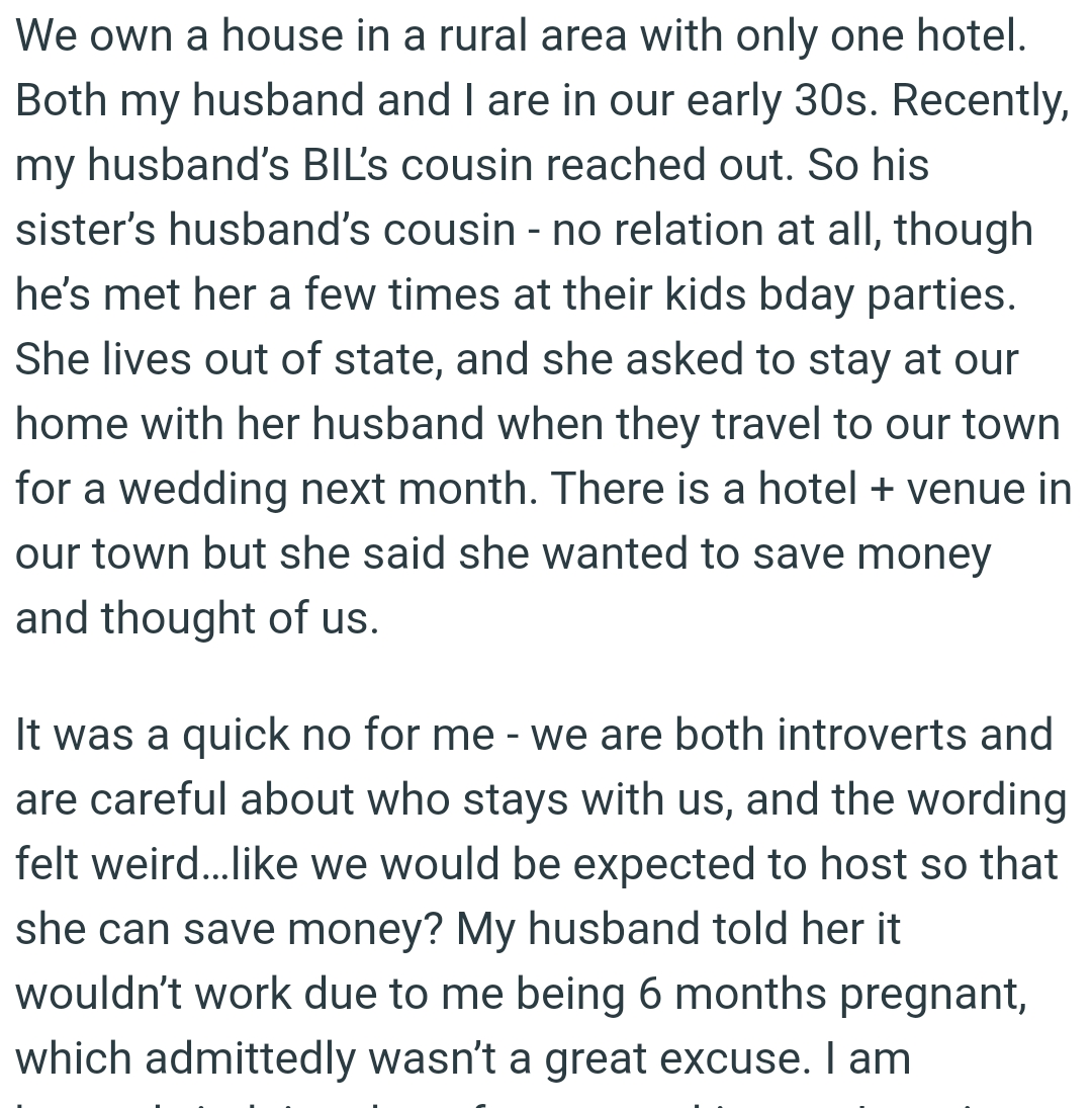 She asked to stay at the OP's home with her husband when they travel to their town
