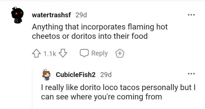 2. For this Redditor, it's Flaming Hot Cheetos or Doritos