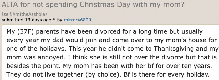 The OP mentions that her parents are already divorced and that her mom has a boyfriend.