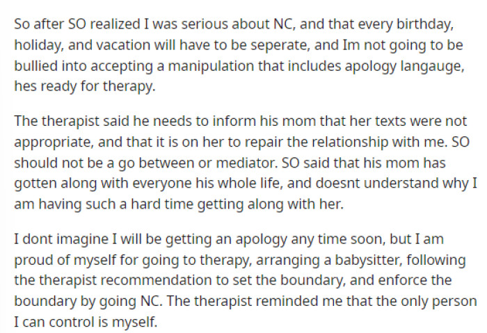 She provided us with all angles and explained what she did and what she decided to tell her husband and his mom after everything. She's now no contact (NC).