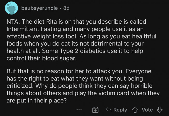 The diet Rita is on is called Intermittent Fasting.