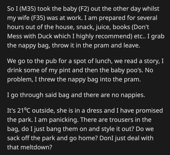 Fortunately, the pub's restroom was fully stocked with baby needs, including neonatal nappies.