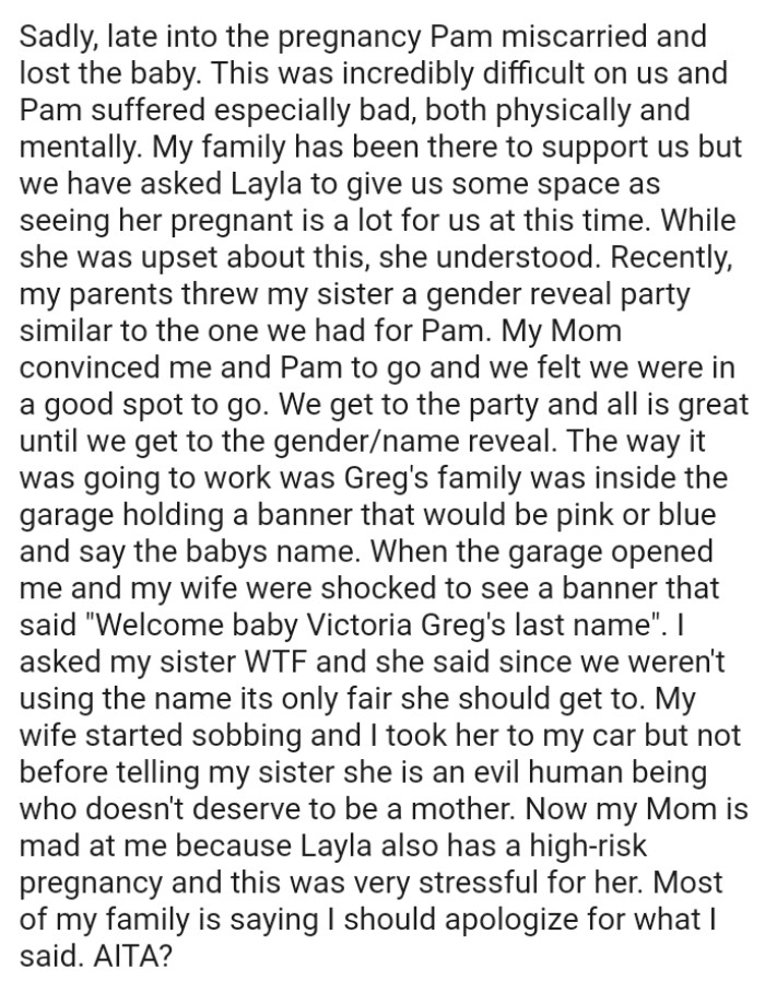 The OP and his wife get to the party, and all is great until they get to the gender/name reveal.