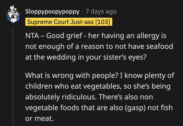 They honestly didn't need another reason not to bring fish to the venue other than Julie's life-threatening allergy