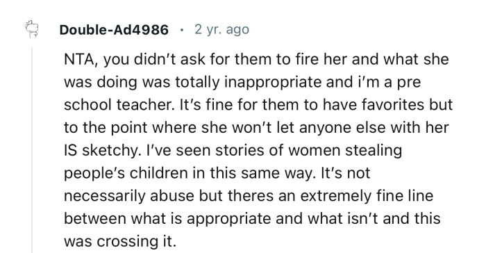 “NTA, you didn’t ask for them to fire her, and what she was doing was totally inappropriate.”