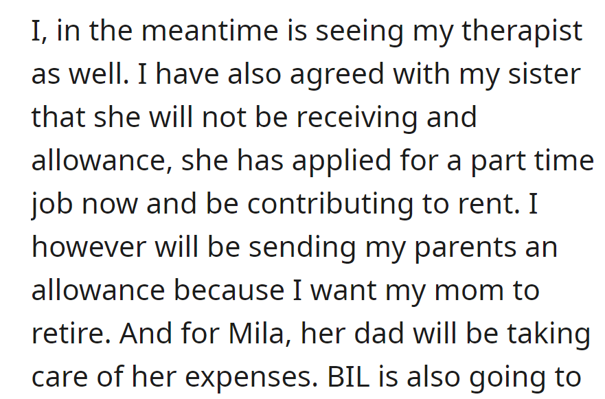 OP is now in therapy, with her sister getting a part-time job and contributing to rent.