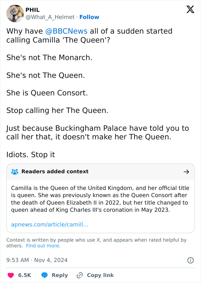 “Why have BBCNews all of a sudden started calling Camilla 'The Queen'? She's not The Monarch.”