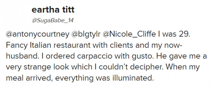 Her husband should've said something before she risked getting sick in front of their guests