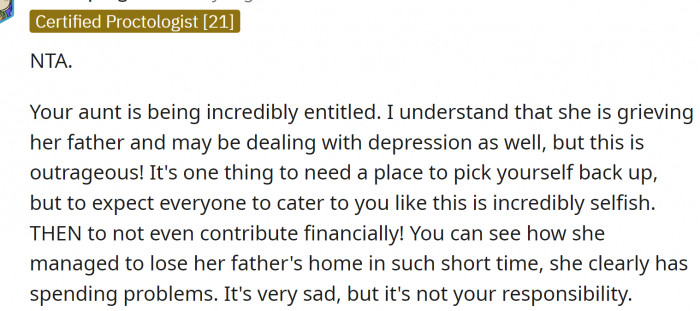 The aunt is being incredibly entitled.