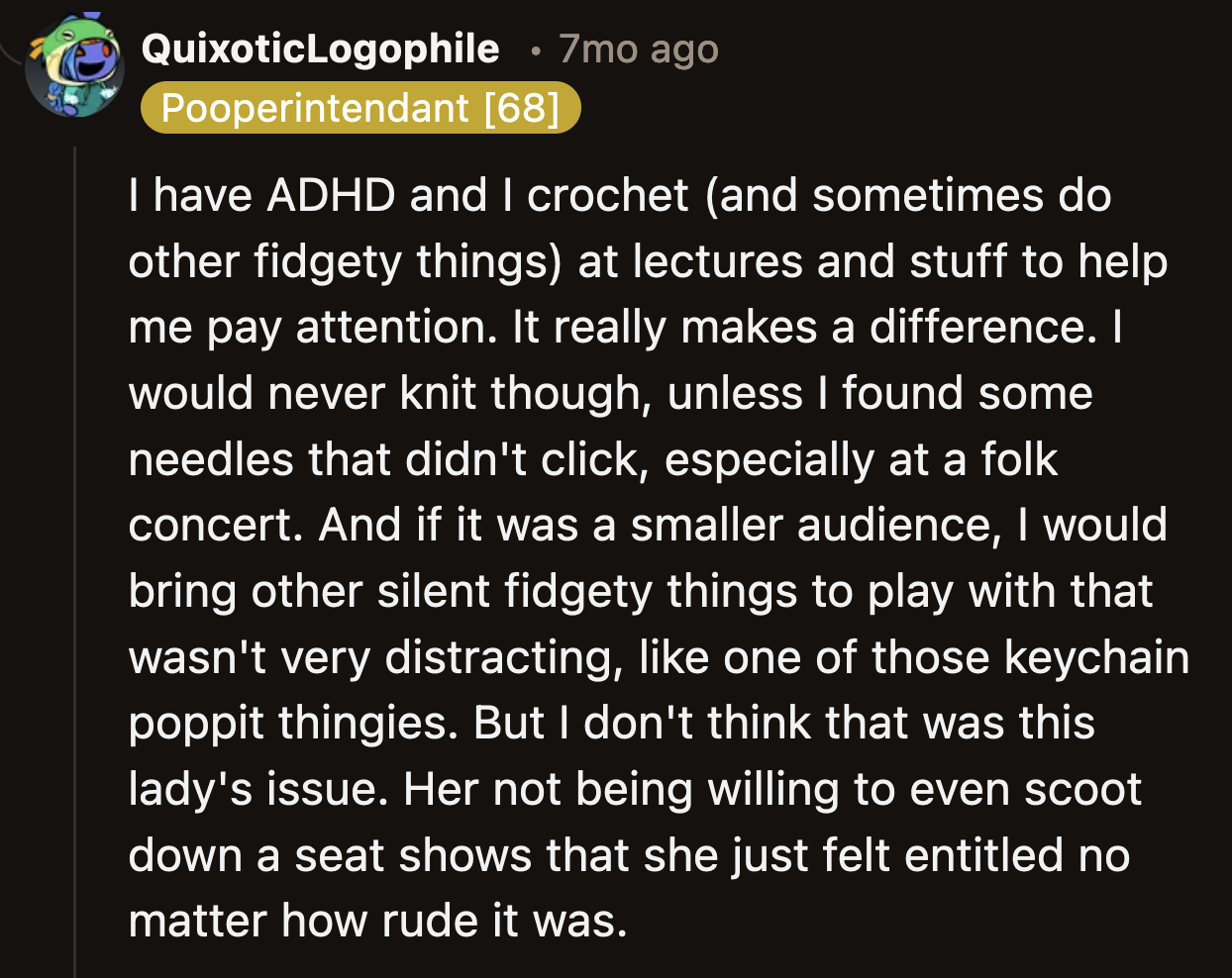 While knitting could have helped the woman focus on the show, the same couldn't be said for OP.