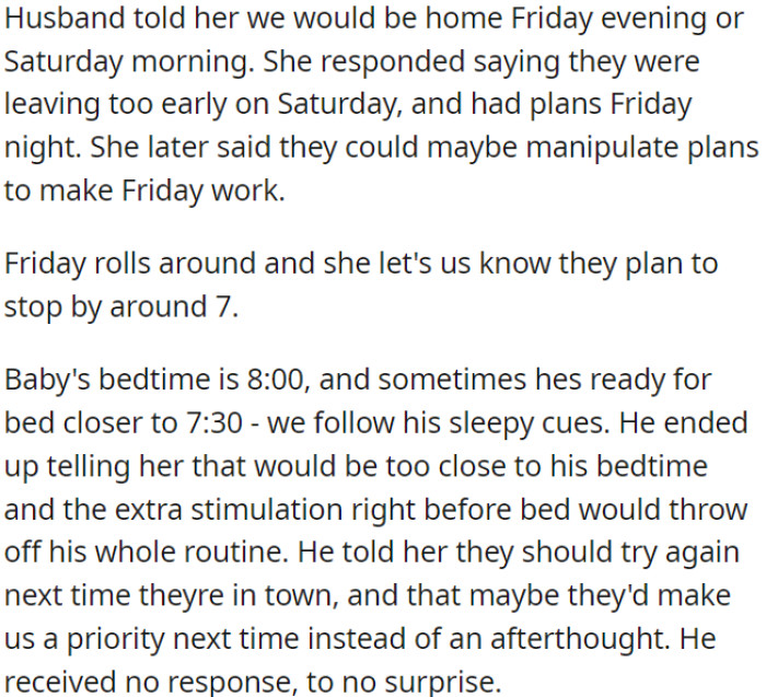 OP's husband and his sister couldn't find a good time to meet.