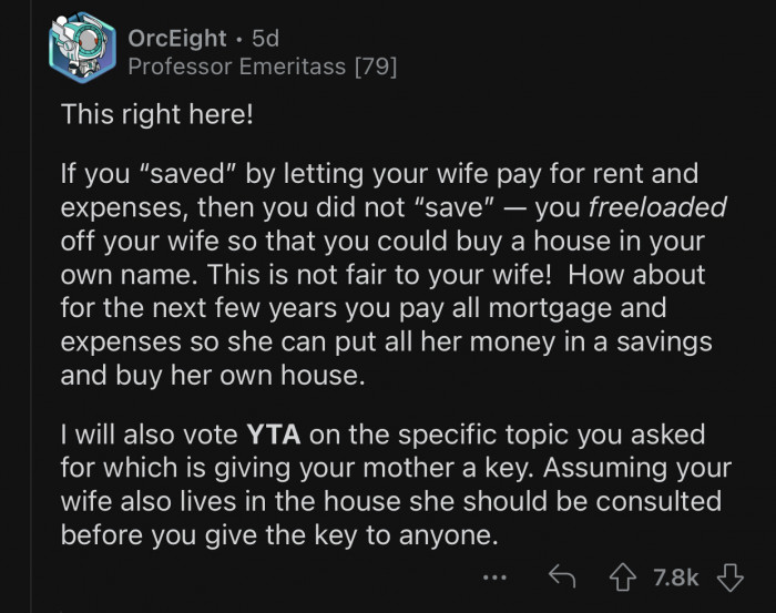OP should have consulted with his wife before giving his mom the key.