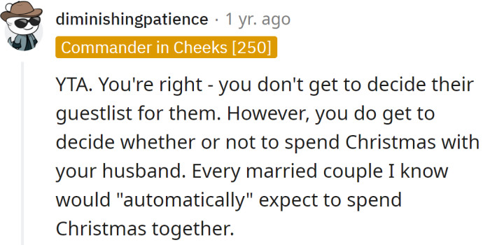 A Redditor told the OP that married couples are expected to celebrate Christmas together