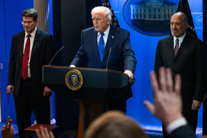 Donald Trump speaking, criticizing Supreme Court ruling limiting emergency presidential powers