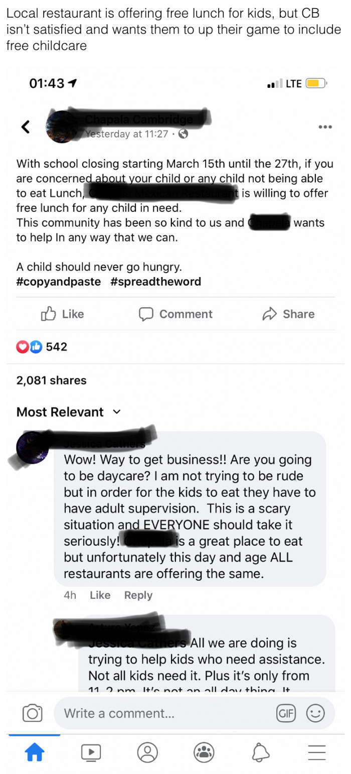 8. A customer expects the restaurant to offer free childcare.