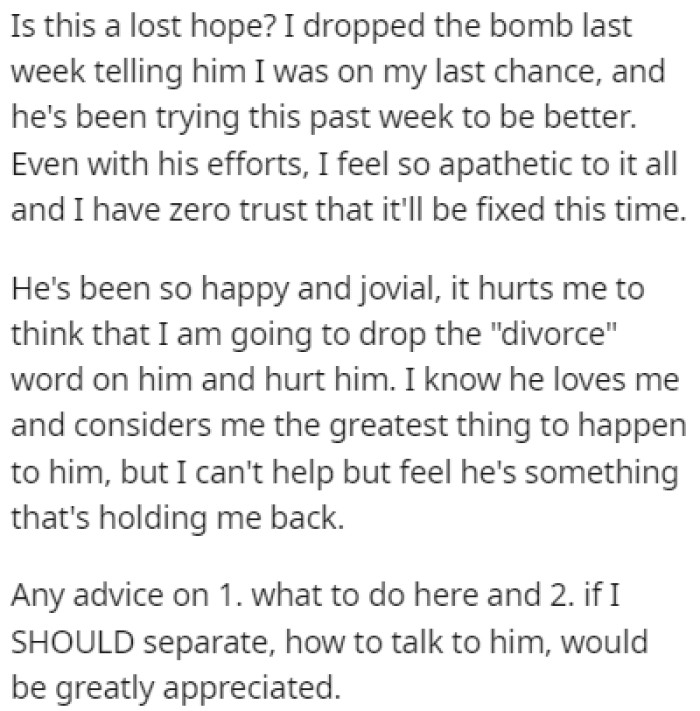 The husband has been trying to fix things for the past week