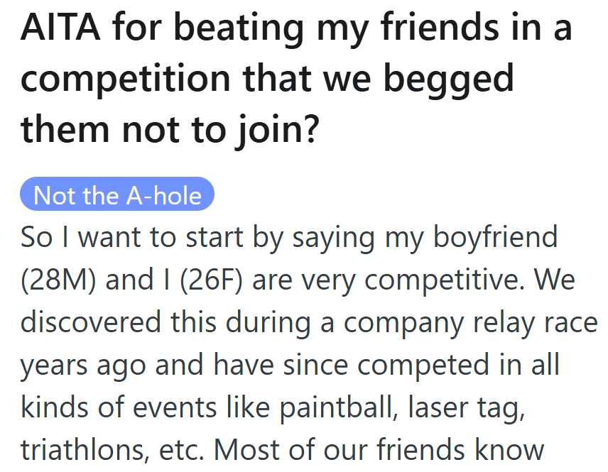 From relay races to triathlons, this couple takes competition seriously — maybe too seriously for their friends.